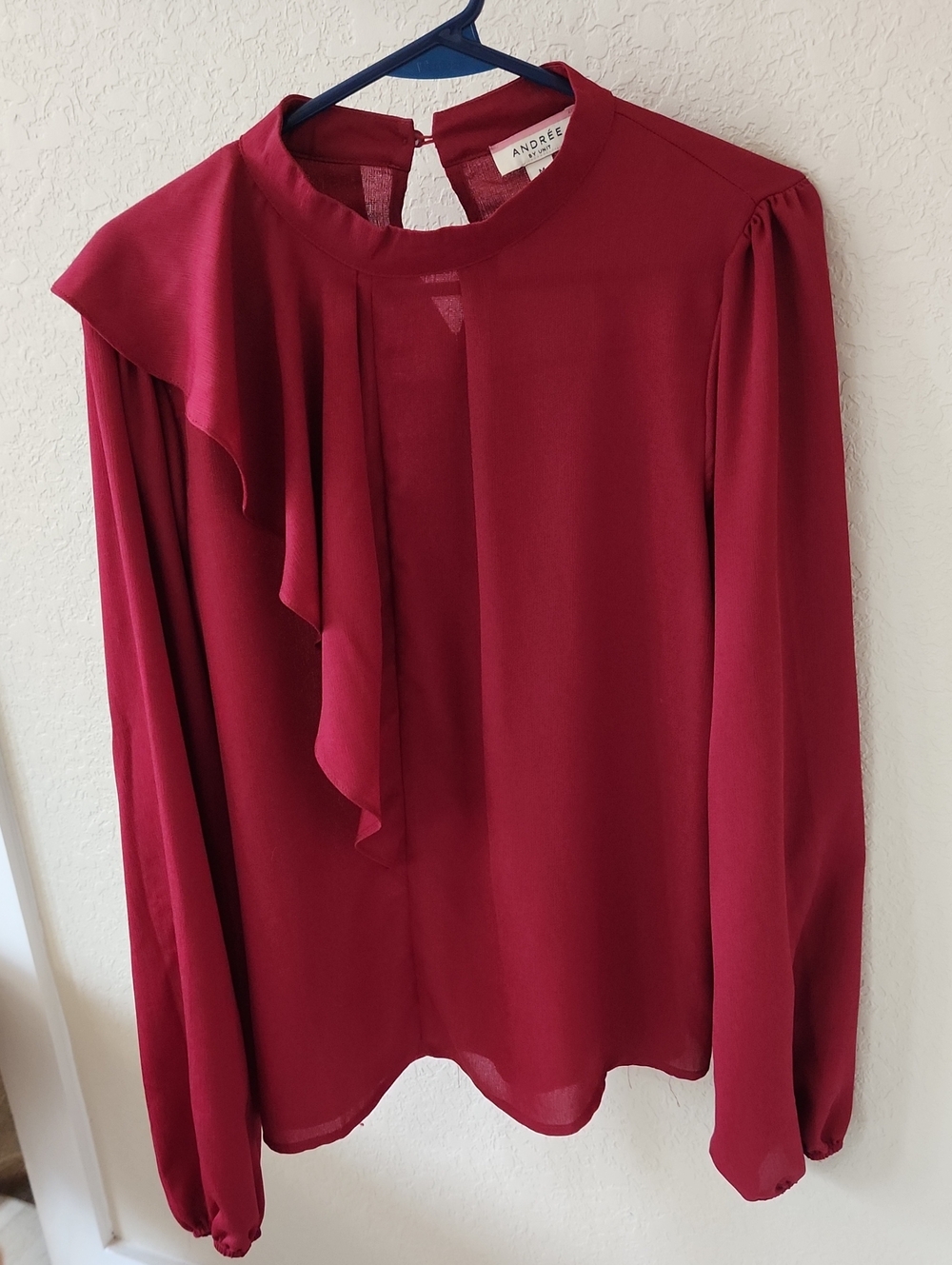 ANDREE BY UNIT Wine Burgundy Ruffle-Trim Long Sleeve Blouse